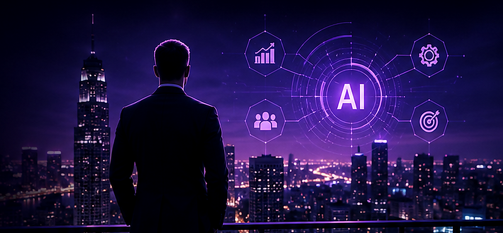 Executive overlooking a city skyline with an AI network