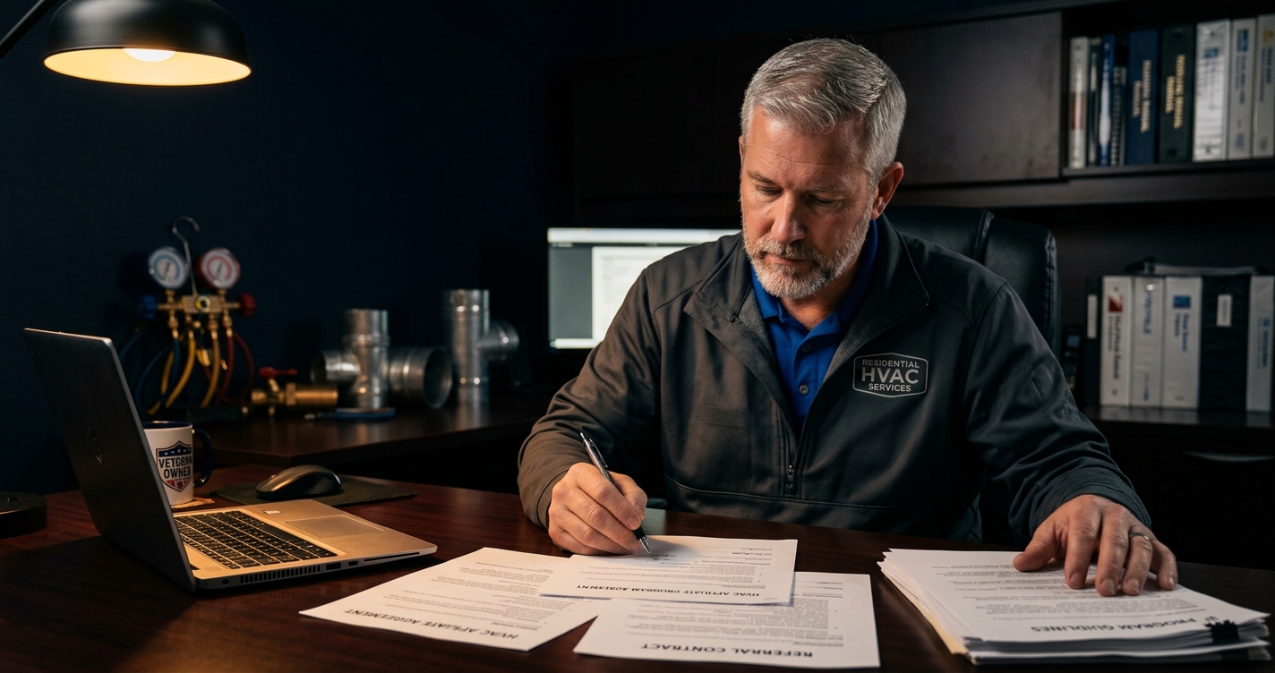A veteran contractor reviewing affiliate program materials with a business partner at a professional desk