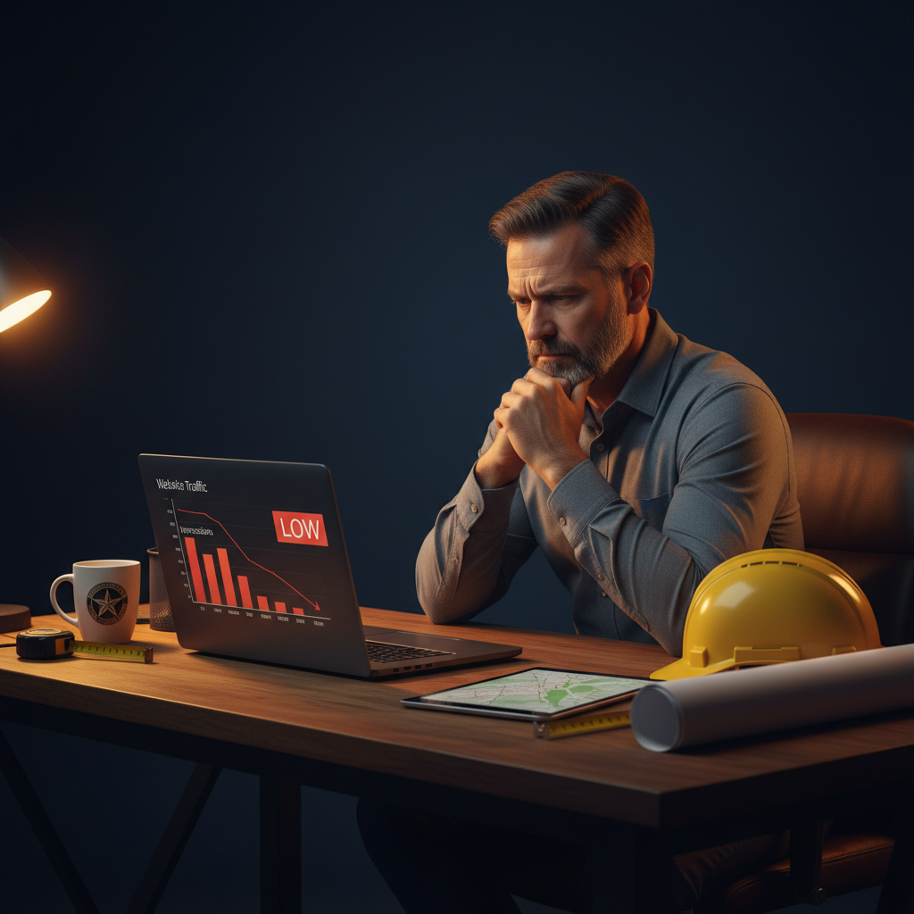 Veteran business owner reviewing low website traffic analytics on laptop in home office