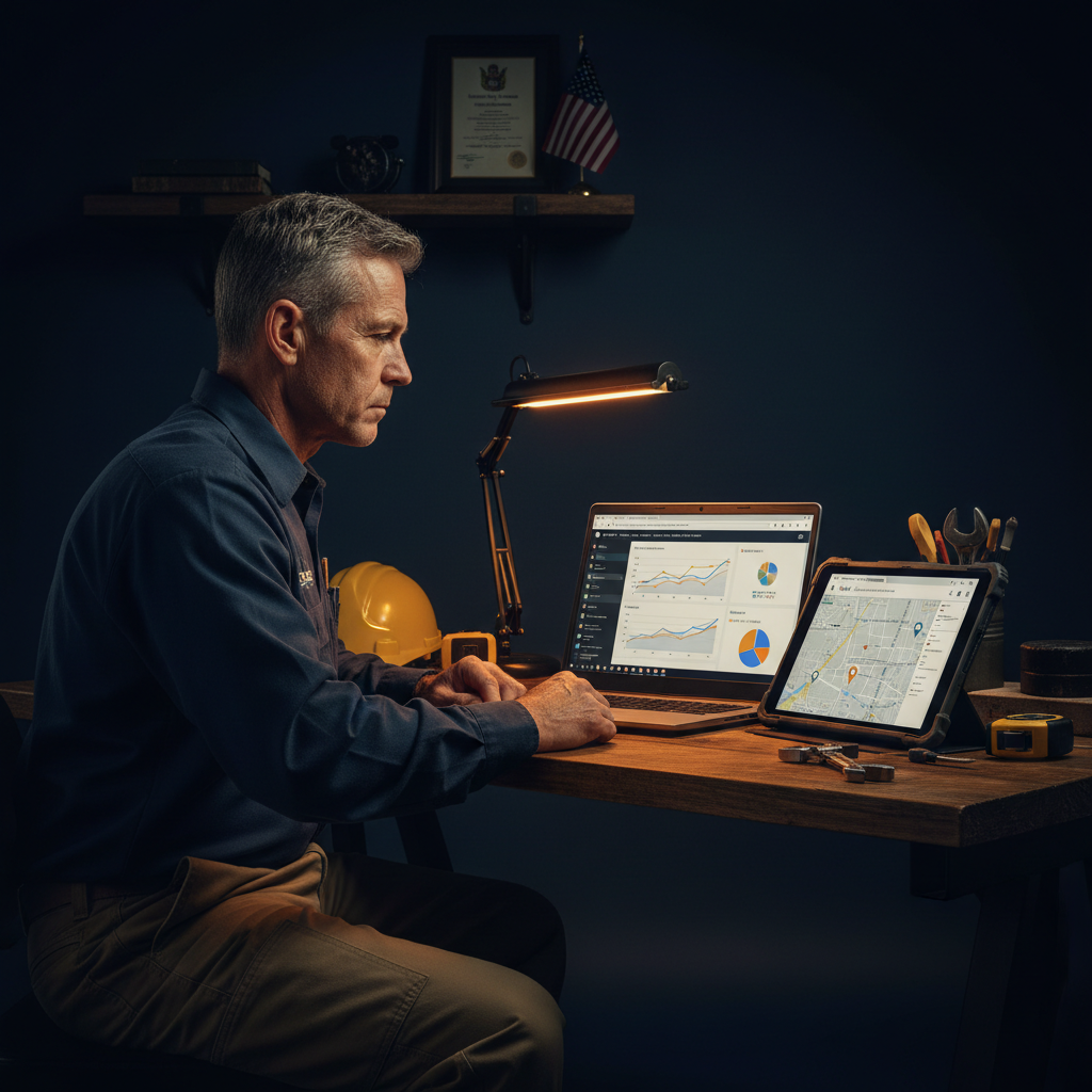 Veteran business owner in work clothes reviewing website analytics and Google search results on laptop