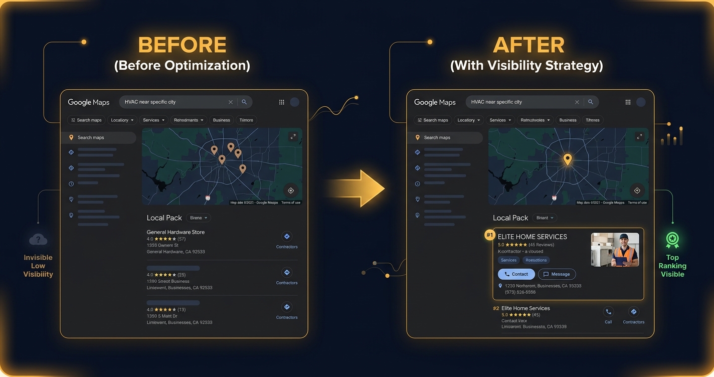 Before and after Google Maps three-pack showing a contractor moving into local search results