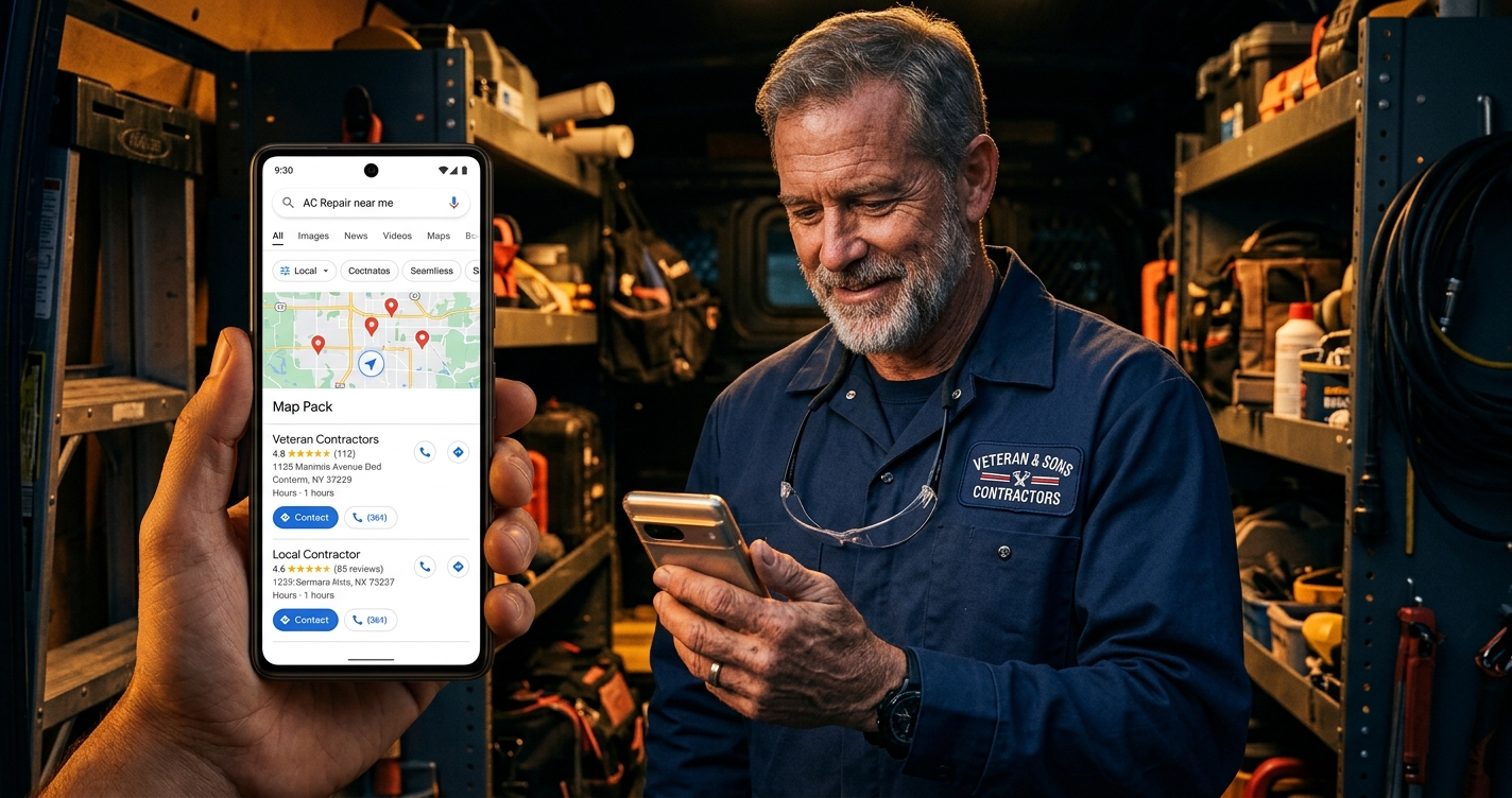 A veteran HVAC contractor checking his Google Business Profile ranking on a smartphone