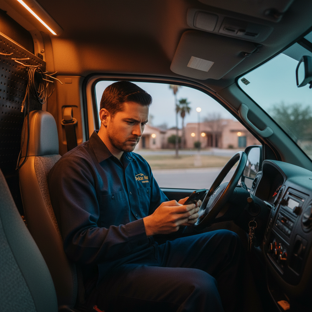 HVAC technician in work uniform reviewing smartphone in service van with San Antonio neighborhood visible