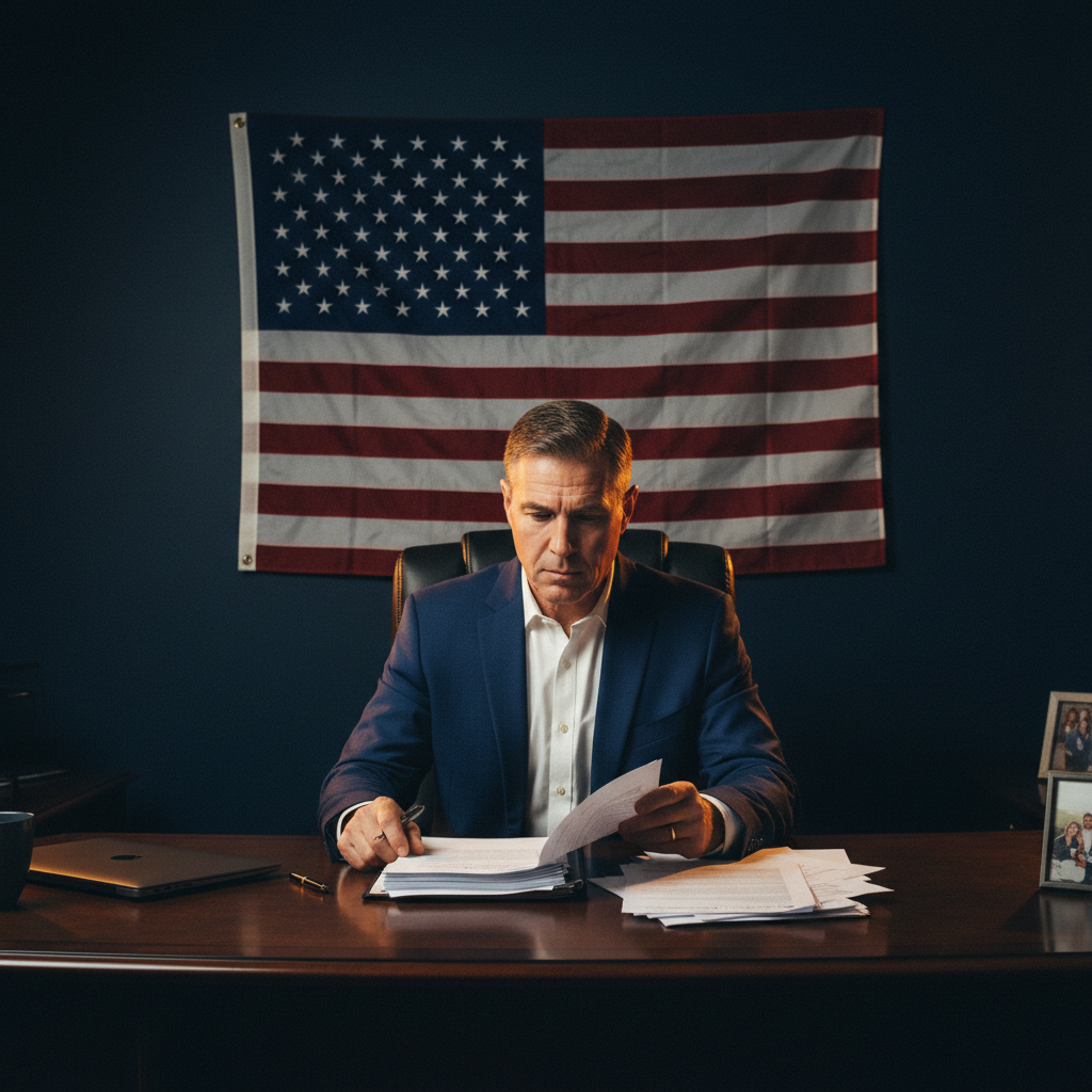 Veteran entrepreneur reviewing SBA loan application documents at desk with American flag on wall