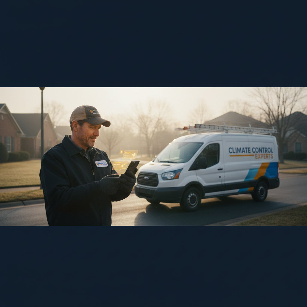Veteran HVAC contractor reviewing Google Business Profile notifications on phone outside service van