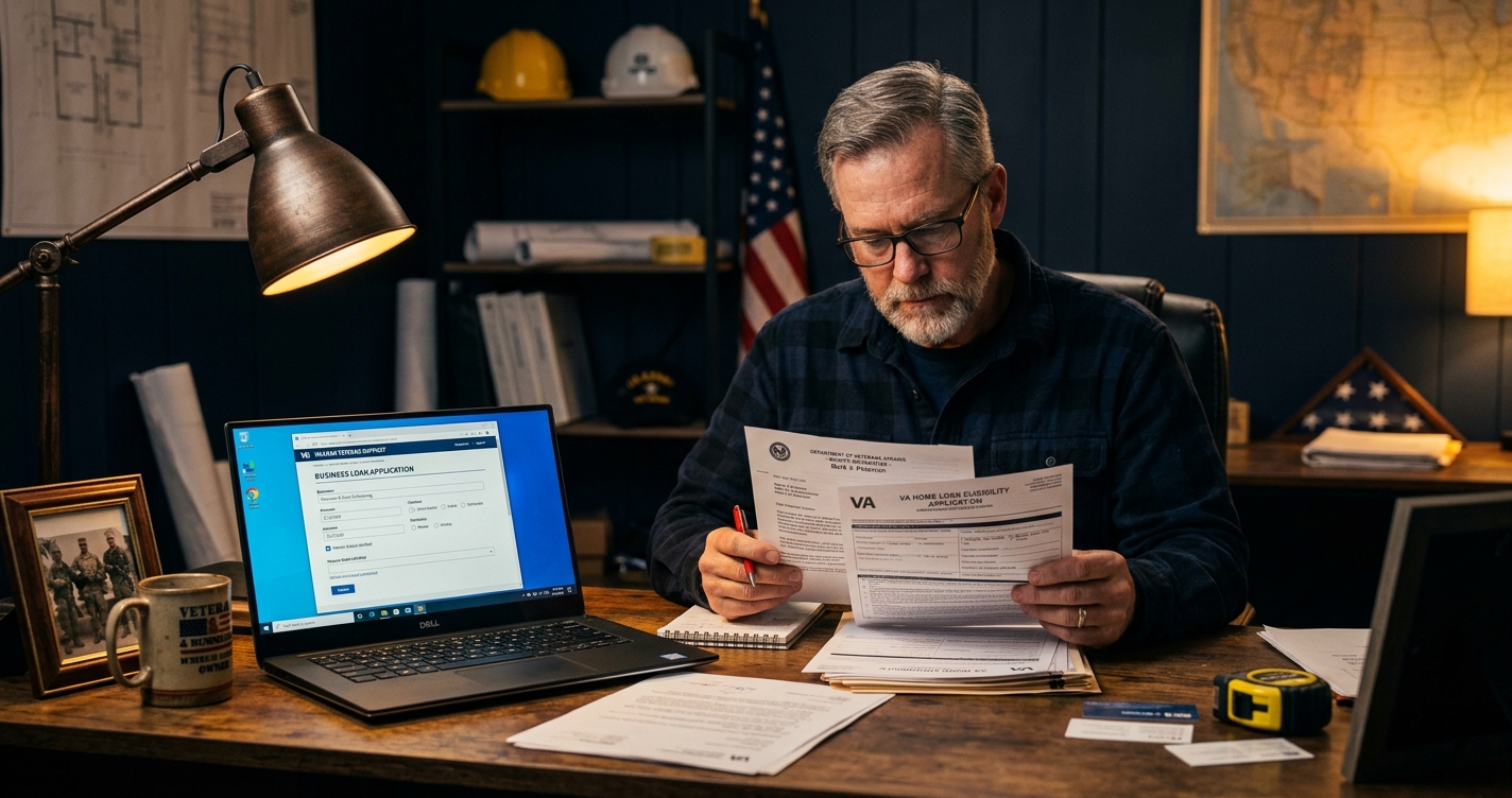 A veteran small business owner at a desk reviewing loan eligibility documents and VA benefits letter, laptop open showing a business loan application