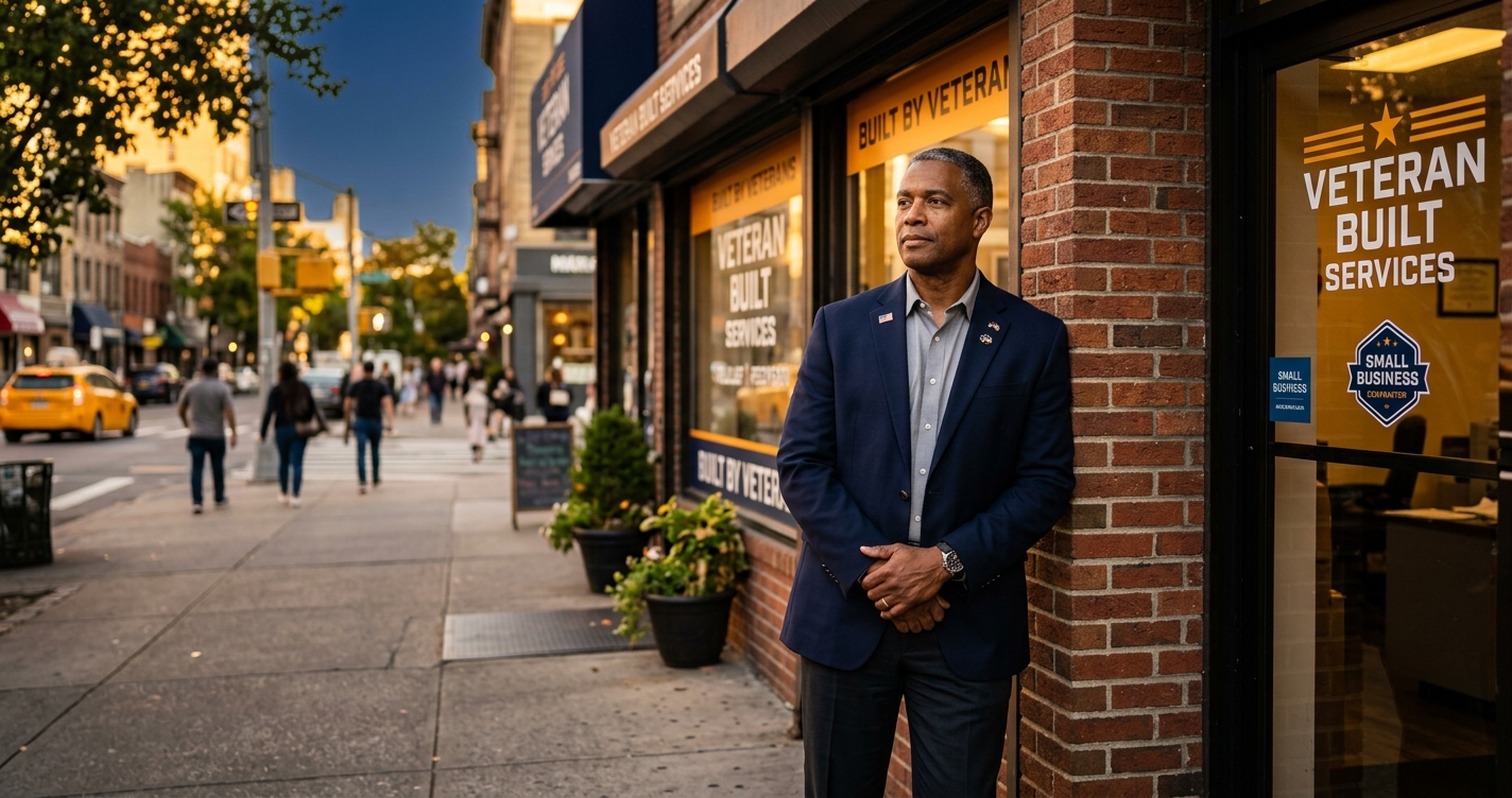 A U.S. military veteran in civilian business attire standing outside a small business storefront, looking thoughtful on a city street