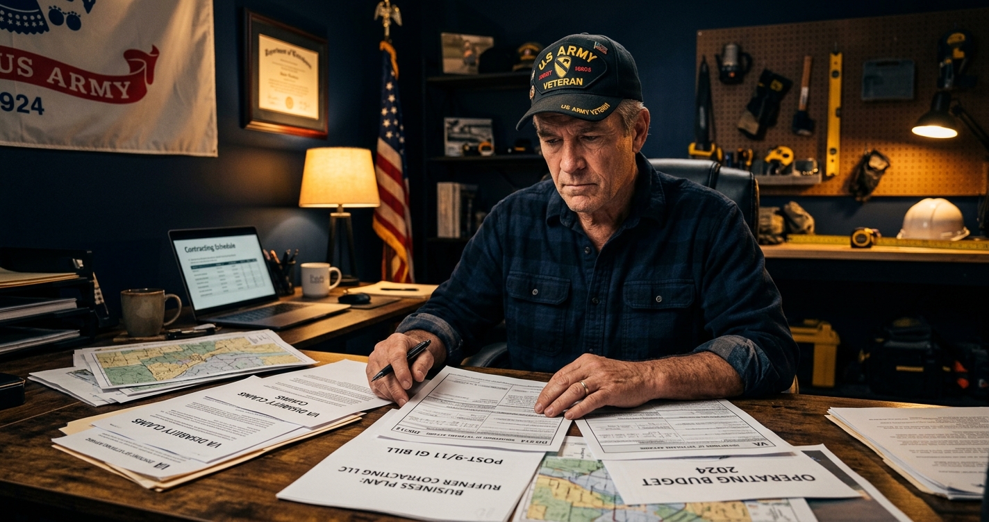 A veteran small business owner at a desk reviewing VA paperwork and DD214 documents with business plans
