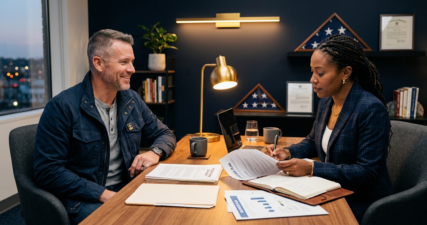 A U.S. military veteran meeting with a business consultant in a professional office setting