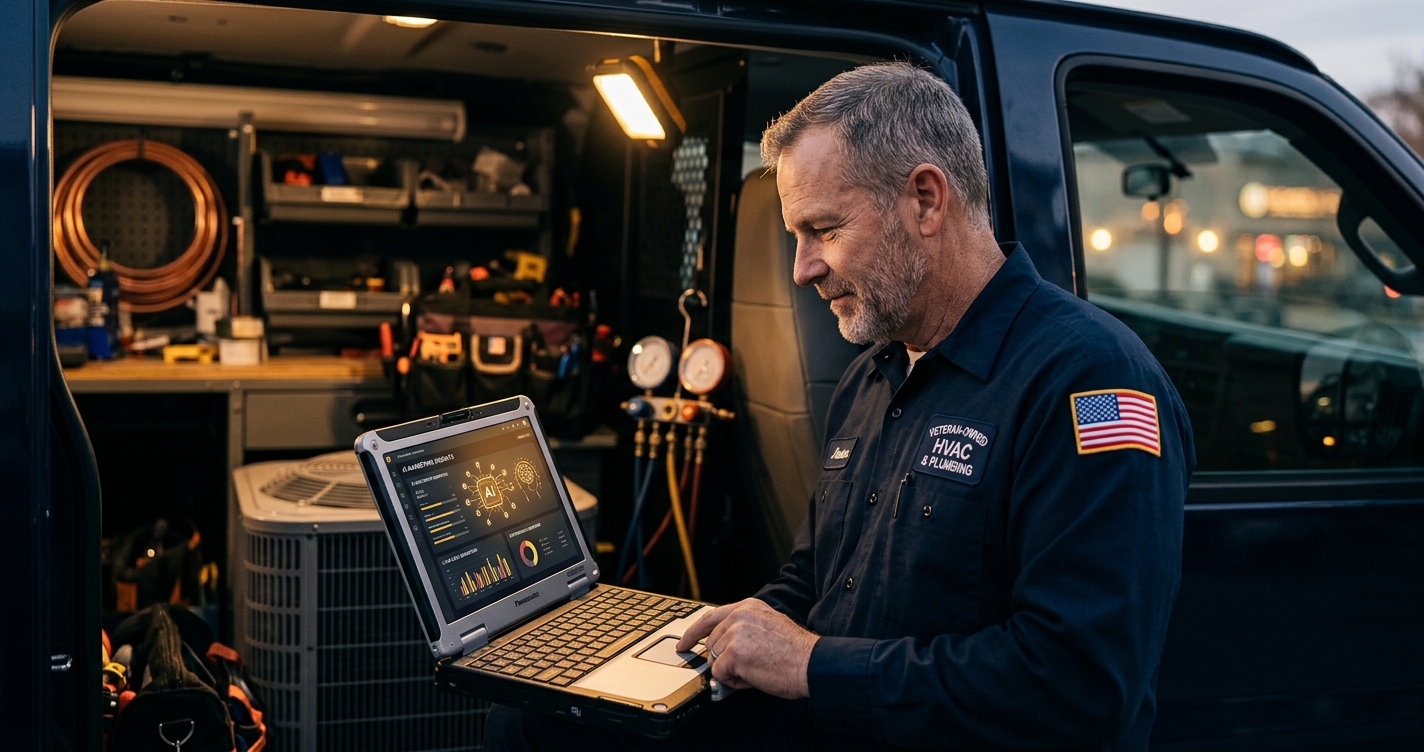 A local HVAC contractor reviewing AI-powered marketing analytics on a tablet in their service vehicle