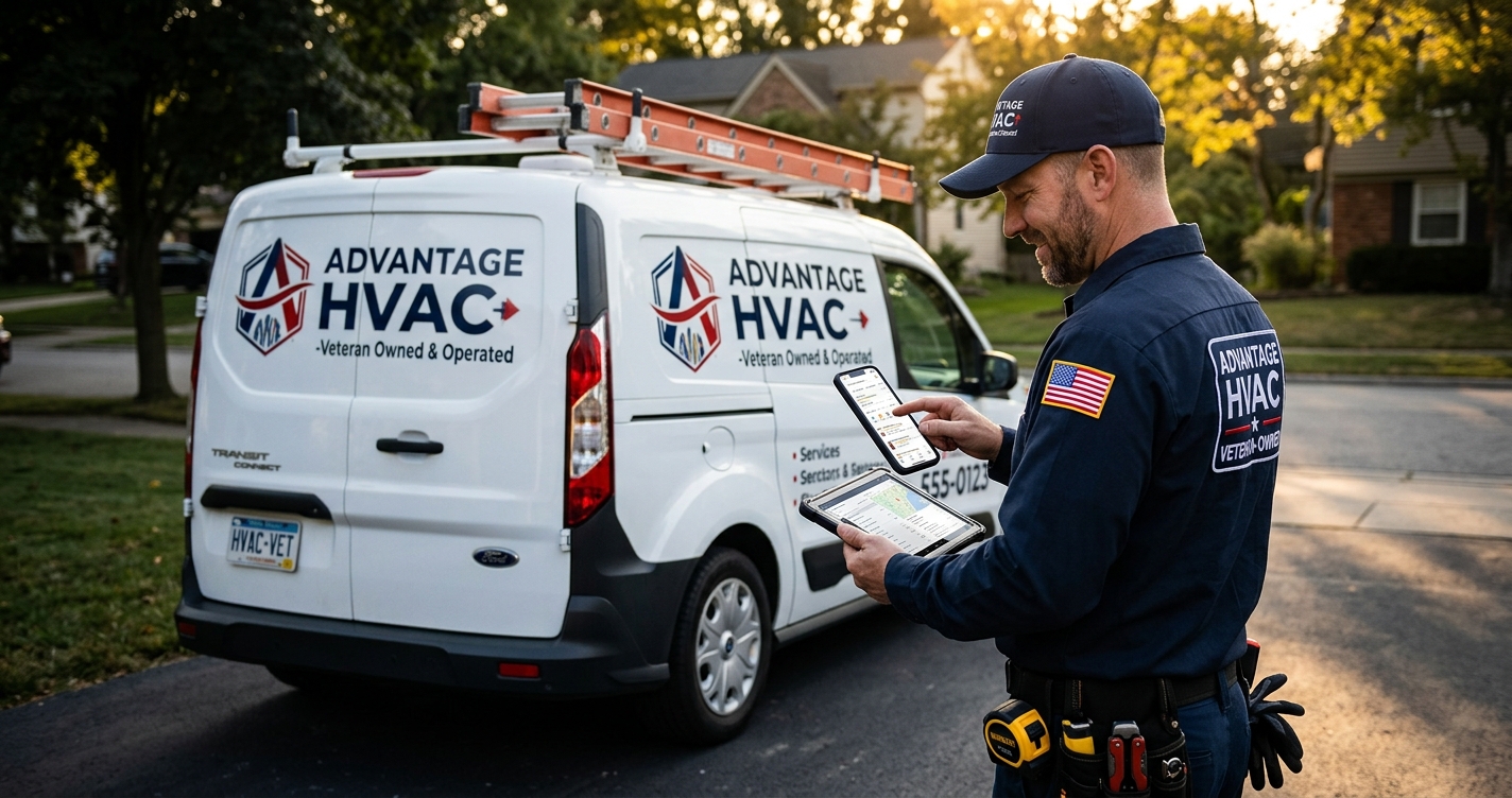 Veteran-owned HVAC technician using tablet to check Google Maps ranking on a smartphone, professional service van in background